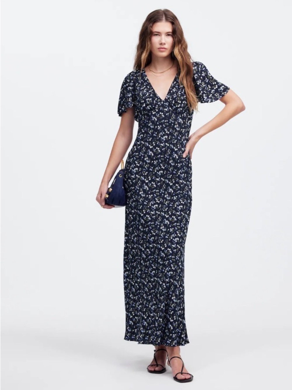 Madewell Navy Floral V-Neck Crepe Maxi Dress with Flutter Sleeve NWT Size 0